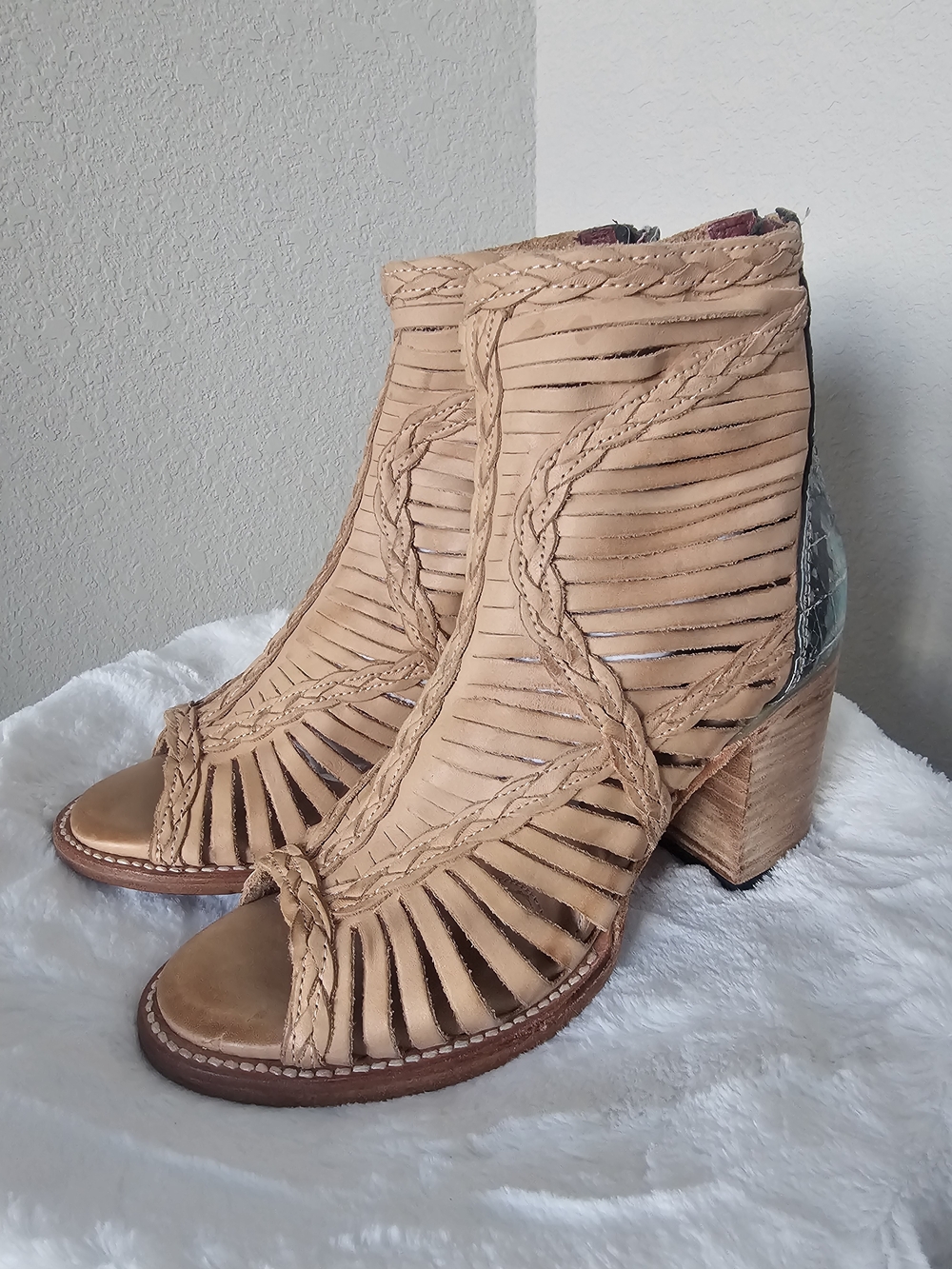 New Freebird by Steven Bela Tan Braided Cutout Leather Ankle Booties